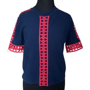Tory Burch navy red embroidered abstract 100% cotton short sleeve top size XS